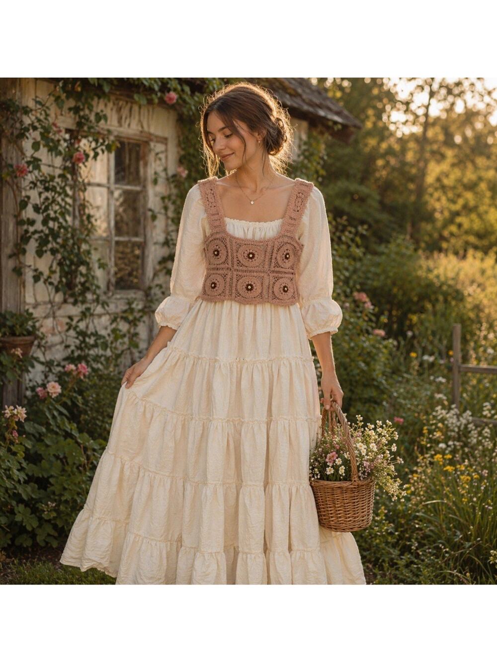 JULIA by love J Crochet Floral Cropped Tank L Beige Brown Boho Cottage Fairy